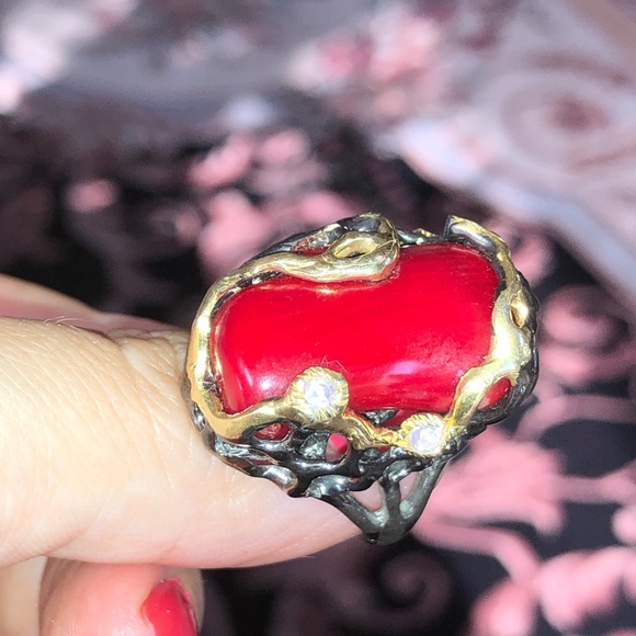 Unique Natural Red Coral Ring with Amethyst